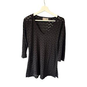 J. Valdi Black Chevron Sheer Knit Tunic Top V Neck 3/4 Sleeve M Whimsygoth